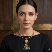 Woman wearing a gold necklace with a green pendant against a wooden background